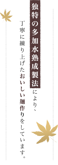 独特の多加水熟成製法により、丁寧に練り上げたおいしい麺作りをしています